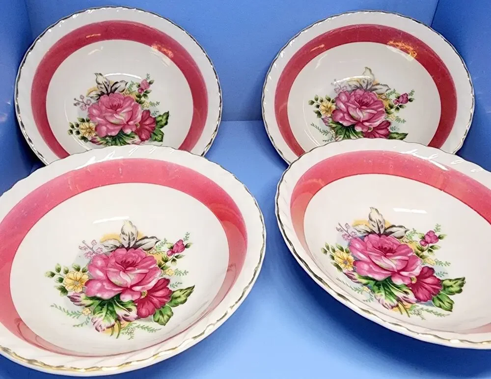 4 Westwood Luster Floral Bowls Gold Trim Pink Burgundy Set 5 1/2